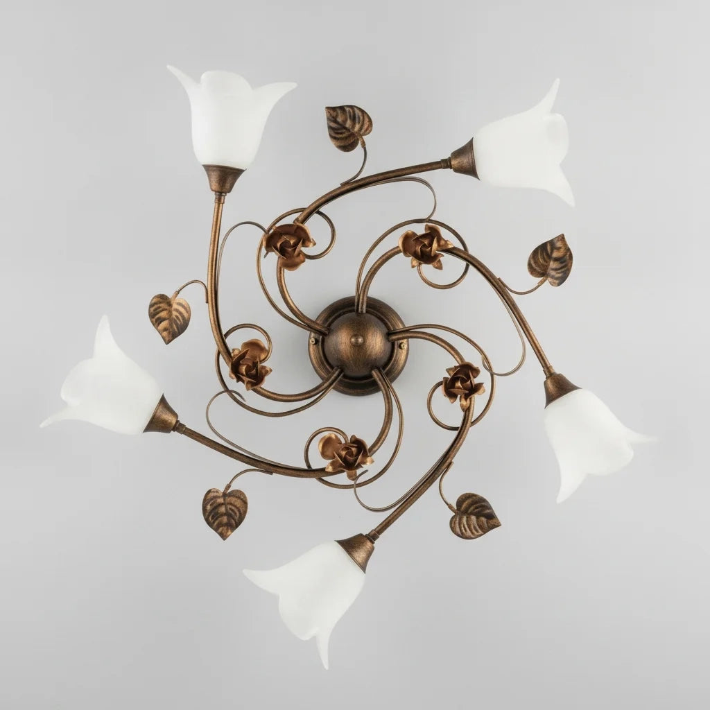 Plafoniera Arte Povera Cestino 5 Luci Marrone e Bianco LuceArt Classic