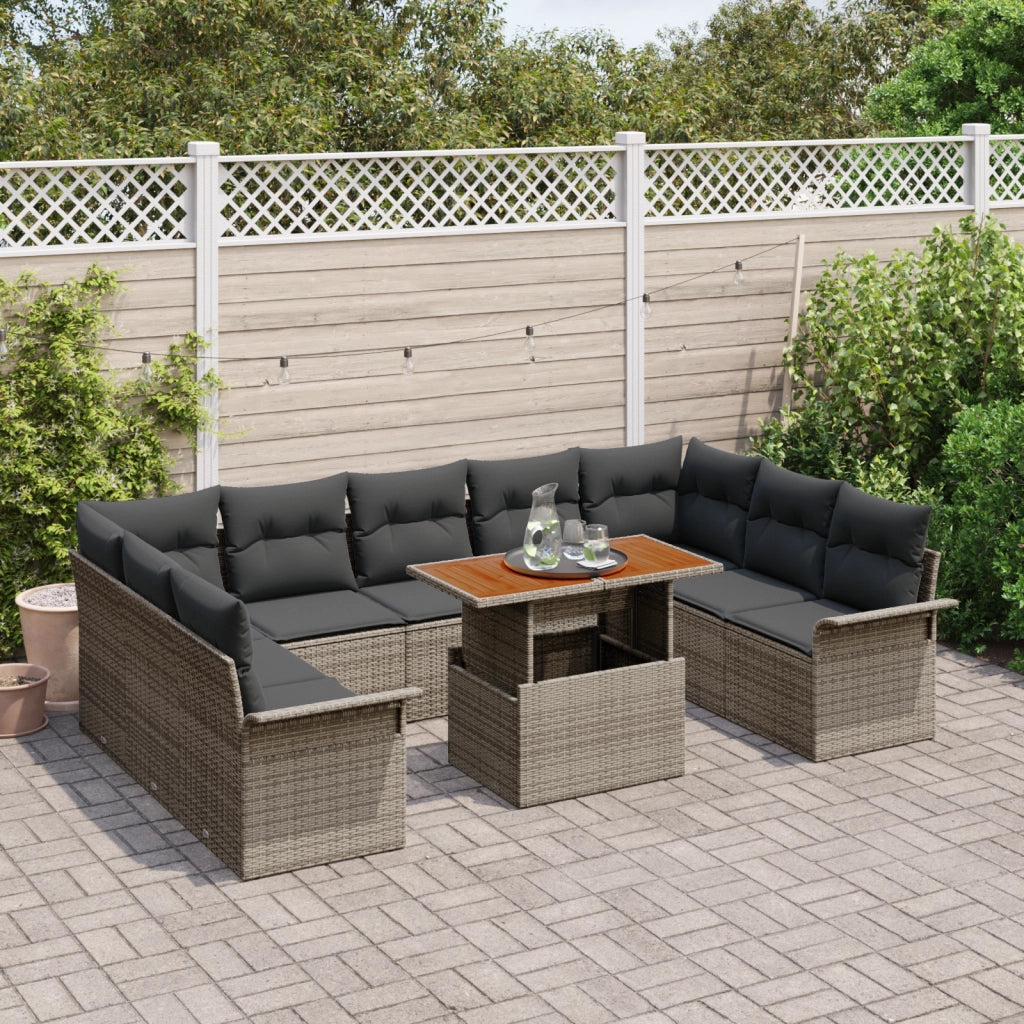 Set da Pranzo da Giardino da 10 Pezzi con Cuscini Grigio Poly Rattan Acacia