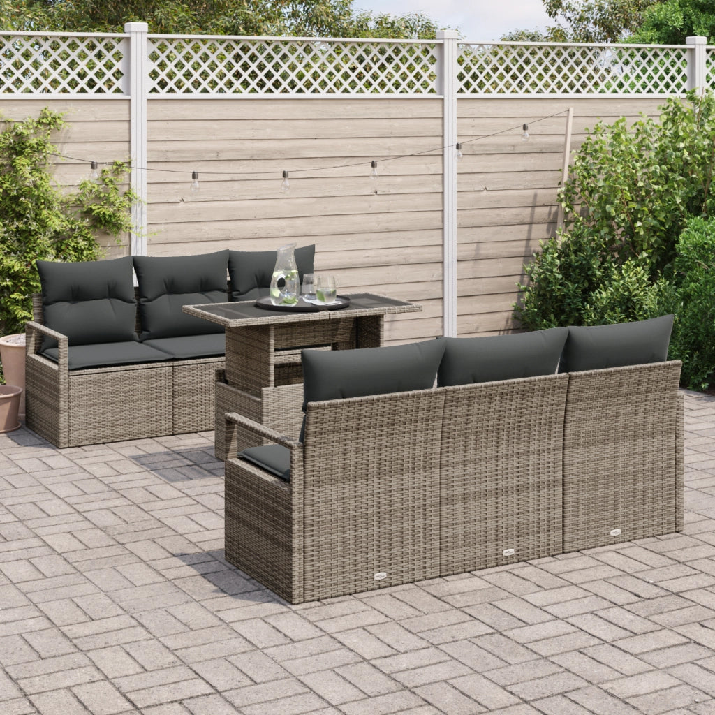 Set divano da giardino 7 pezzi con cuscini in poli rattan grigio