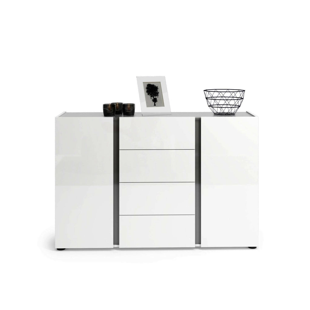 Credenza Ernesta, Buffet da soggiorno, Madia da salotto, Dispensa da cucina, Made in Italy, 140x38h92 cm, Bianco lucido e Antracite