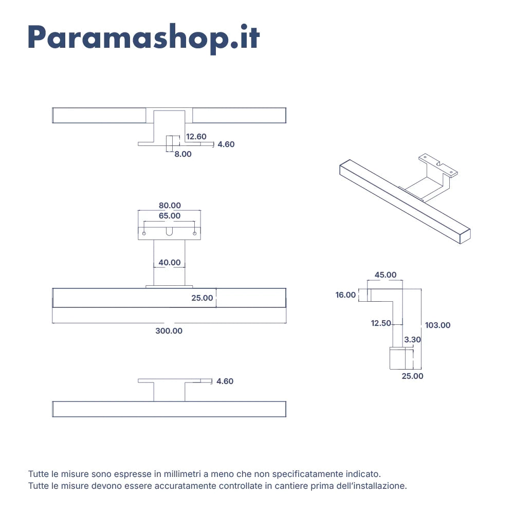 Applique led universale 30cm in abs nero per specchi filolucido e con cornice | Mizar