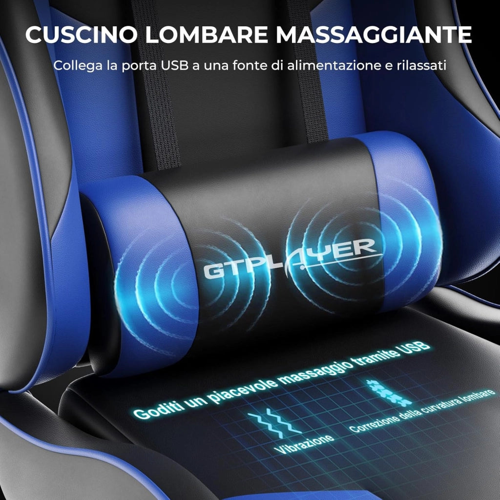 Sedia da Gaming Massaggiante ed Ergonomica con Schienale Regolabile, Poggiapiedi e Supporto Lombare - Reclinabile, Blu