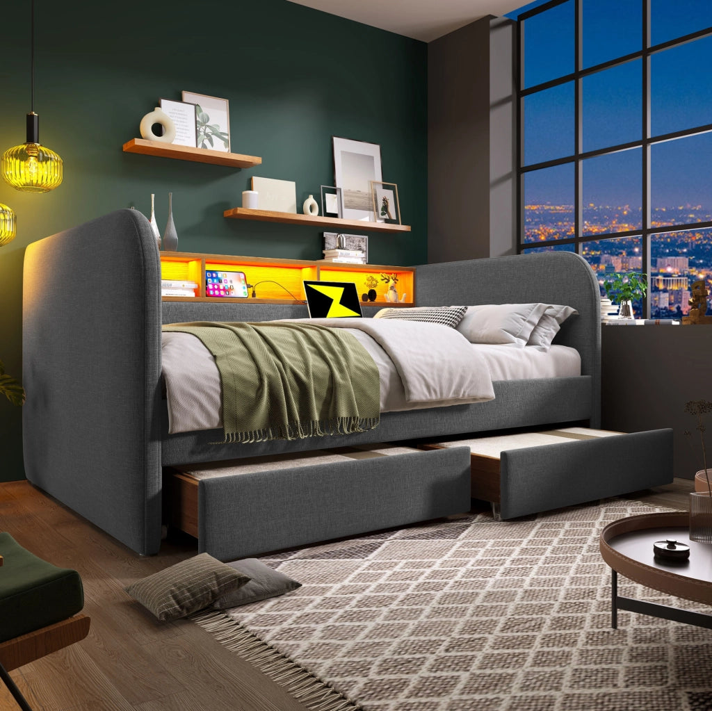 Letto imbottito 140x190 cm grigio con LED, USB-C, 2 cassetti e testiera contenitore