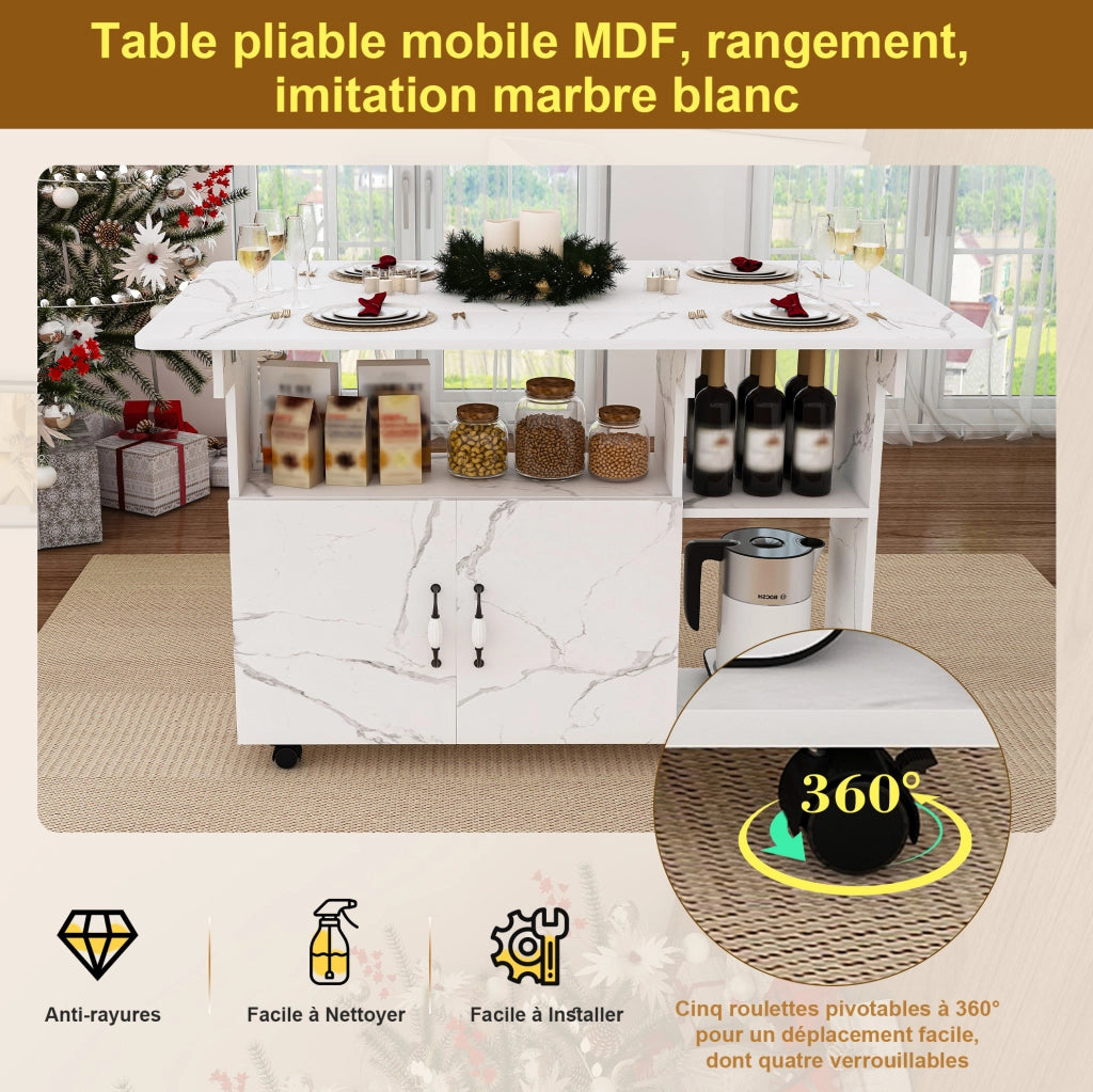 Tavolo pieghevole mobile 3 in 1 110x70x80 cm in MDF bianco con 5 ruote e vani portaoggetti