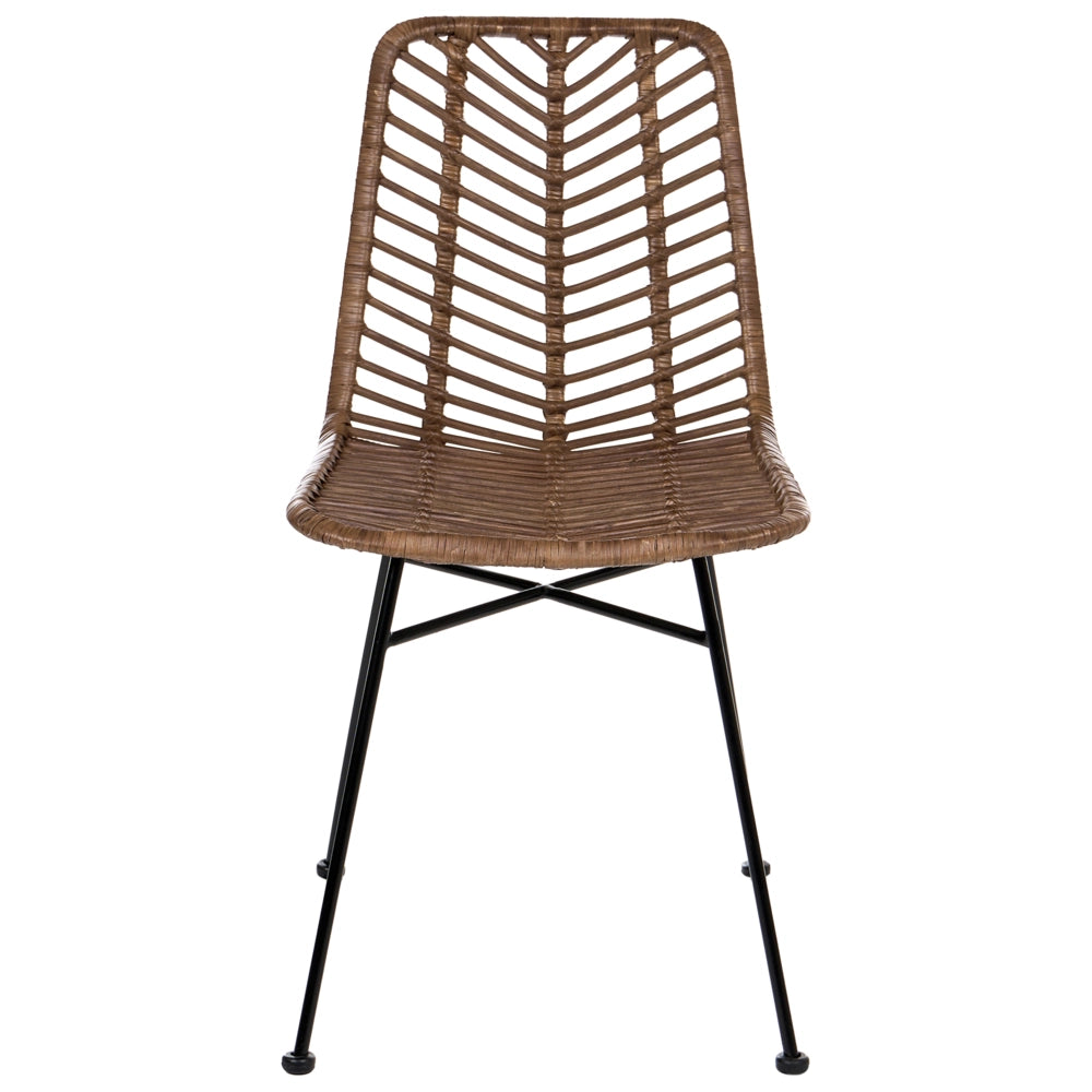 Set di 2 sedie in rattan marrone con seduta e schienale in vimini, senza braccioli, gambe in ferro