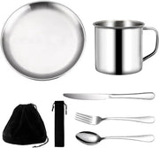 Set di Cucina da Campeggio per 1 Persona - 5 Pezzi di Acciaio Inossidabile Leggero e Riciclabile con Borsa Nera per Campeggio Esterno