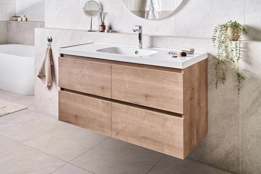 Mobile bagno sospeso con lavabo e 2 cassetti 129 x 49 cm marrone chiaro elegante