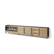 Mobile TV Soggiorno, 315x61x35 cm, Per TV fino a 80", Camino elettrico XXL, Design industriale, LED, Rovere e nero