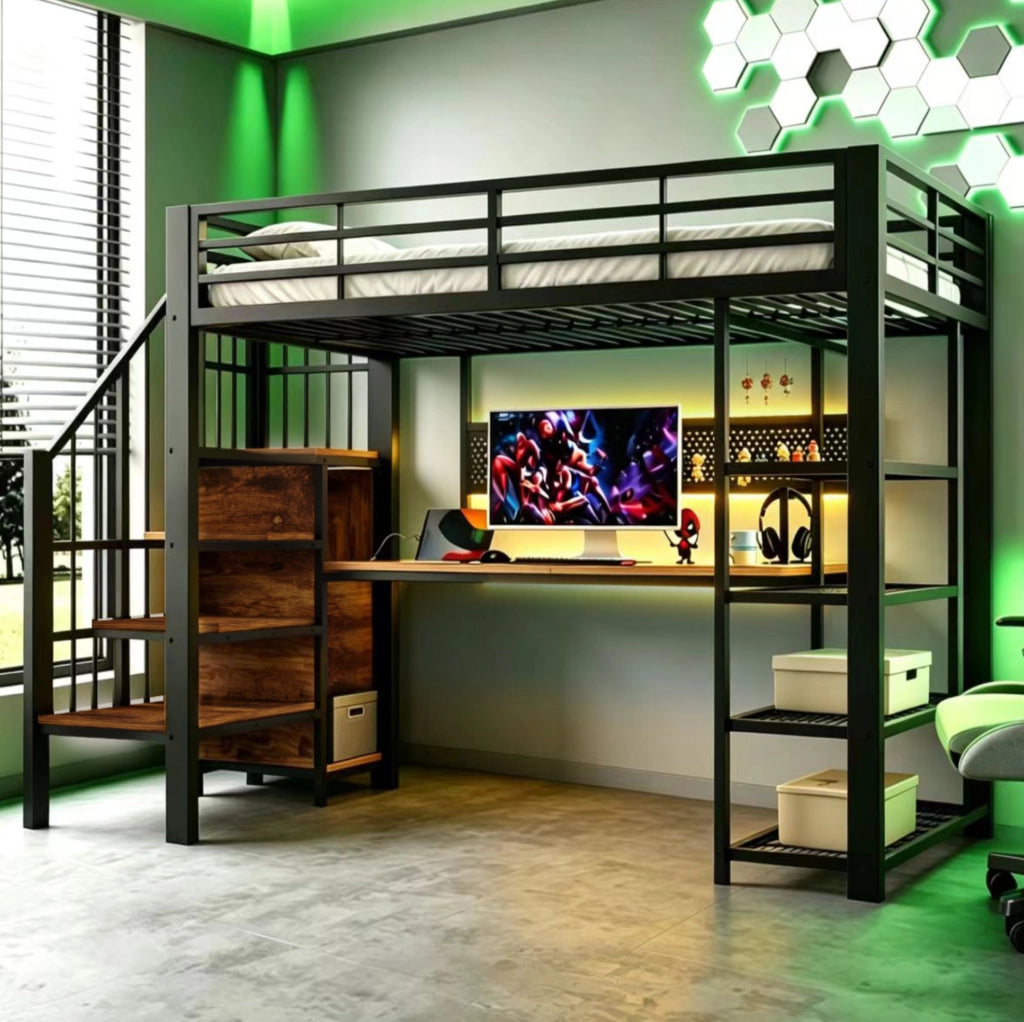 Letto a soppalco multifunzione 90x200 cm in metallo e legno; con scala contenitore; LED e prese; nero