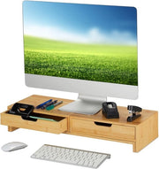 Piedistallo per 2 monitor - Regolabile - Con prese - Materiale naturale - Dimensioni 11x107x22 cm