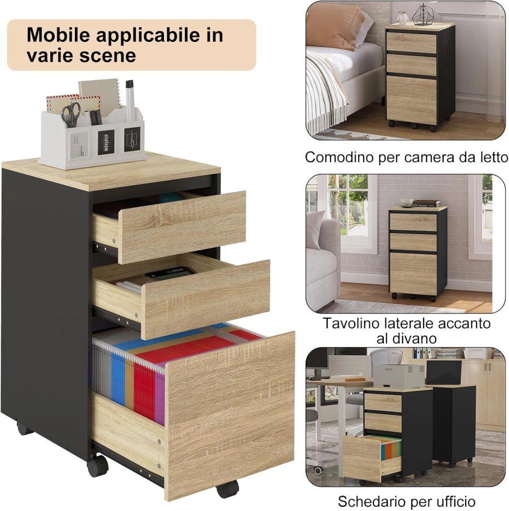 Cassettiera da Ufficio, Cassettiera Portadocumenti a 3 Cassetti, Mobiletto Portaoggetti con Ruote per Studio, Camera da Letto,in Legno, Rovere Chiaro e Nero, 40x40x70cm, ASK01hei