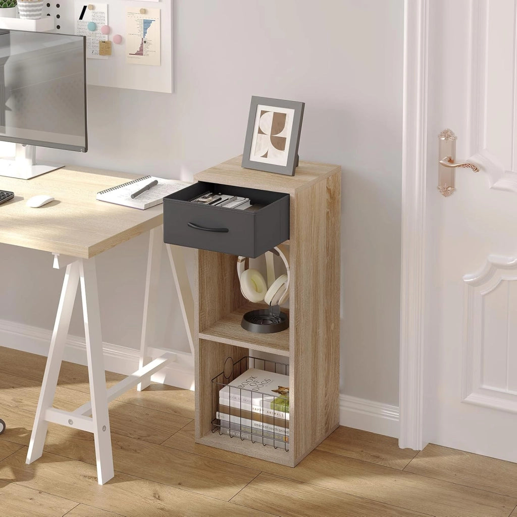 Libreria da Terra, Unità di Stoccaggio a Cubo a 3 Livelli con Cassetto, Unità di Scaffale in Piedi Scaffale a Cubo Aperto, per Studio, Camera da Letto e Soggiorno, Rovere chiaro, SK055hei