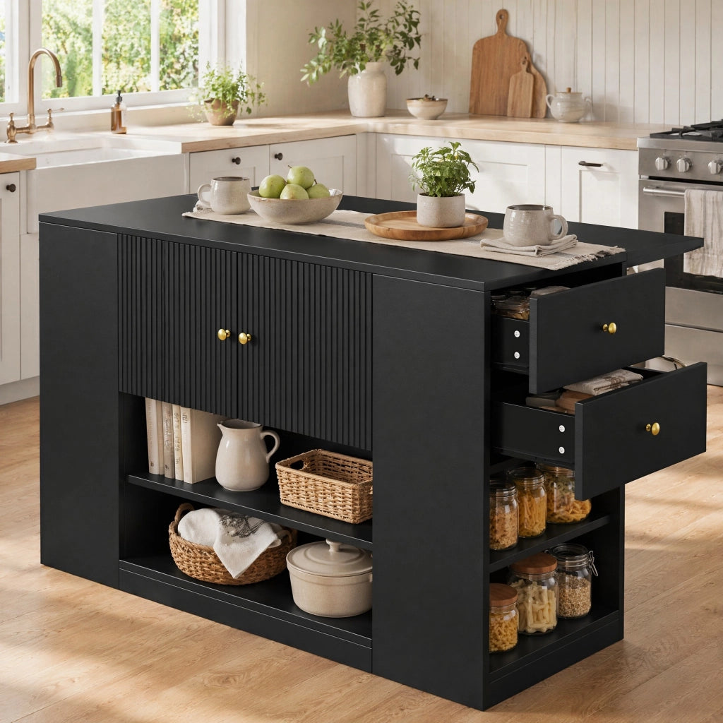 Isola da Cucina con 2 Ante 2 Cassetti e Ripiani Piano Ribaltabile in MDF 140 x 40 x 90 cm Nero