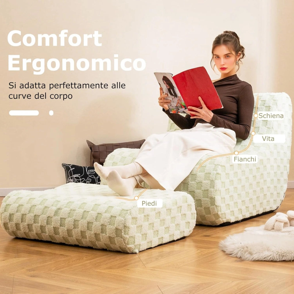 Sedia a Sacco con Pouf, Divano in Spugna ad Alta Elasticità, Fondo Antiscivolo e Copertura in Velluto Lavabile, Comoda Poltrona Pigra per Soggiorno Camera da Letto Sala Lettura (Verde)