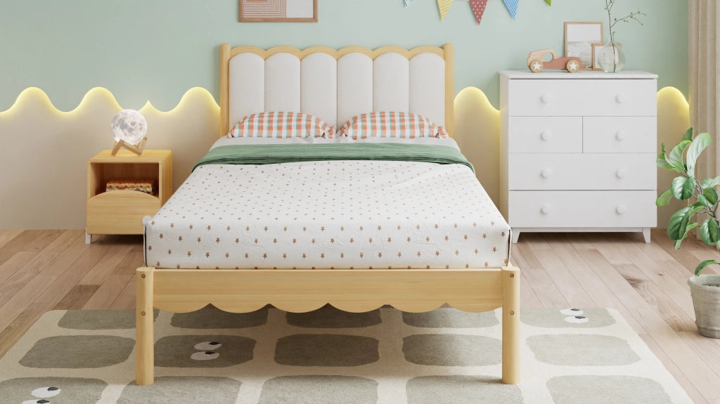 Letto per bambini 90 × 200 cm con testiera in PU, struttura in legno massiccio, senza materasso, beige naturale
