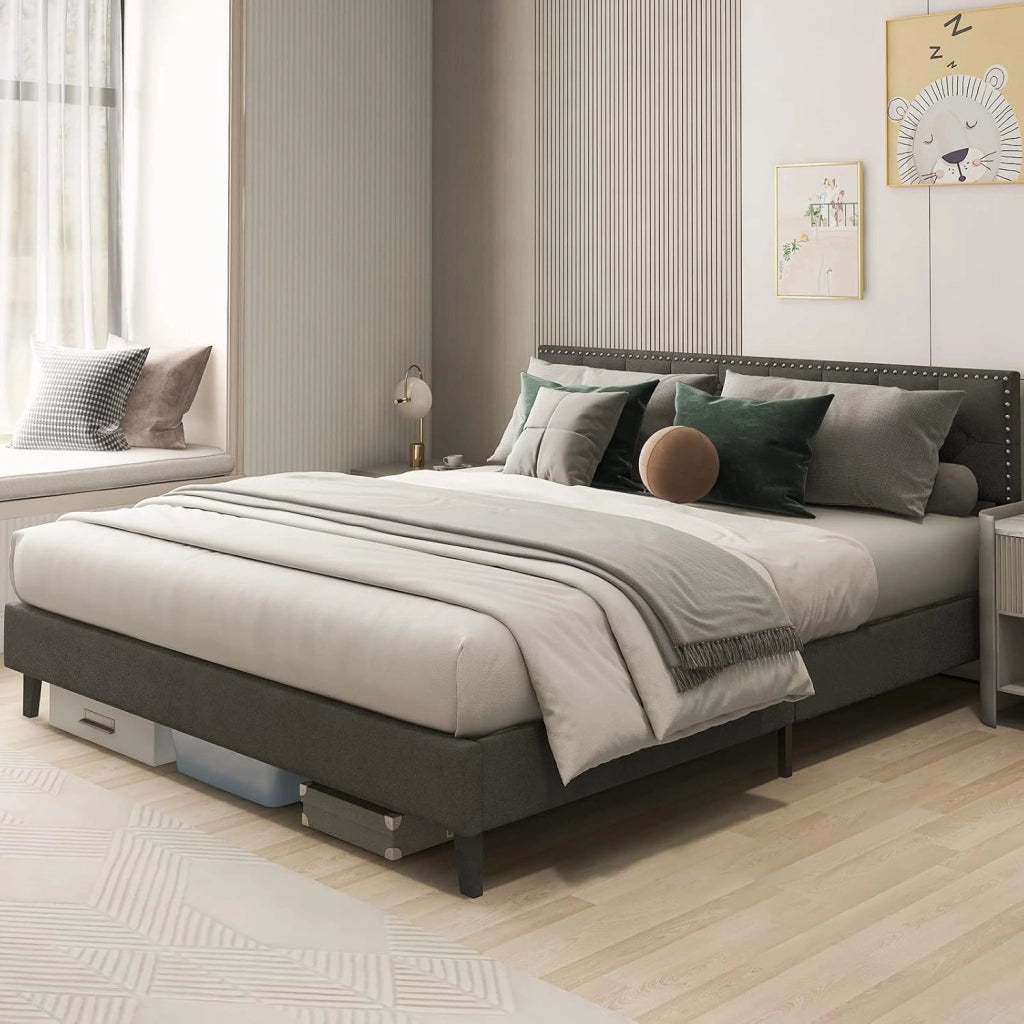 Letto Matrimoniale 180 x 200 cm, Struttura Letto Moderna con Testiera Imbottita, Doghe in Legno, Silenzioso, Carico Massimo 450kg