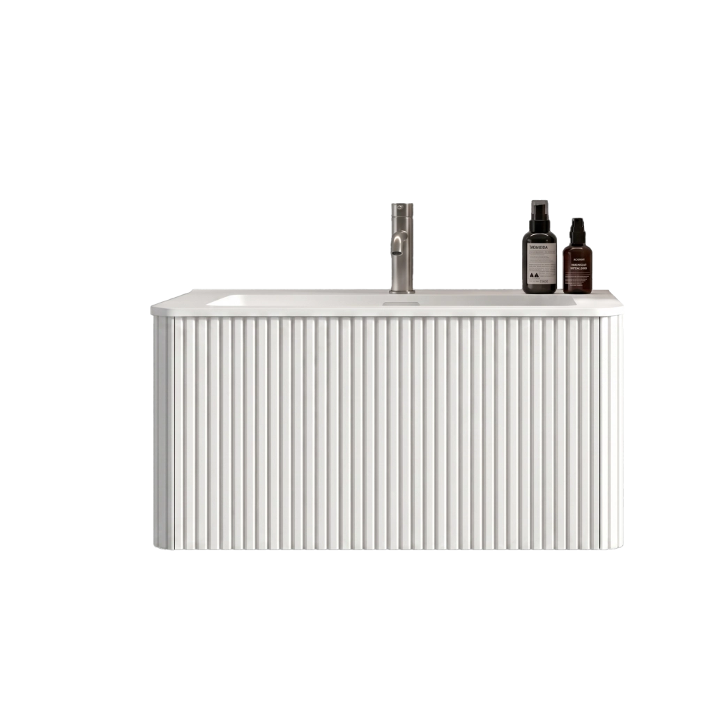 Mobile bagno sospeso 80 cm con lavabo, design scanalato, bianco, preassemblato