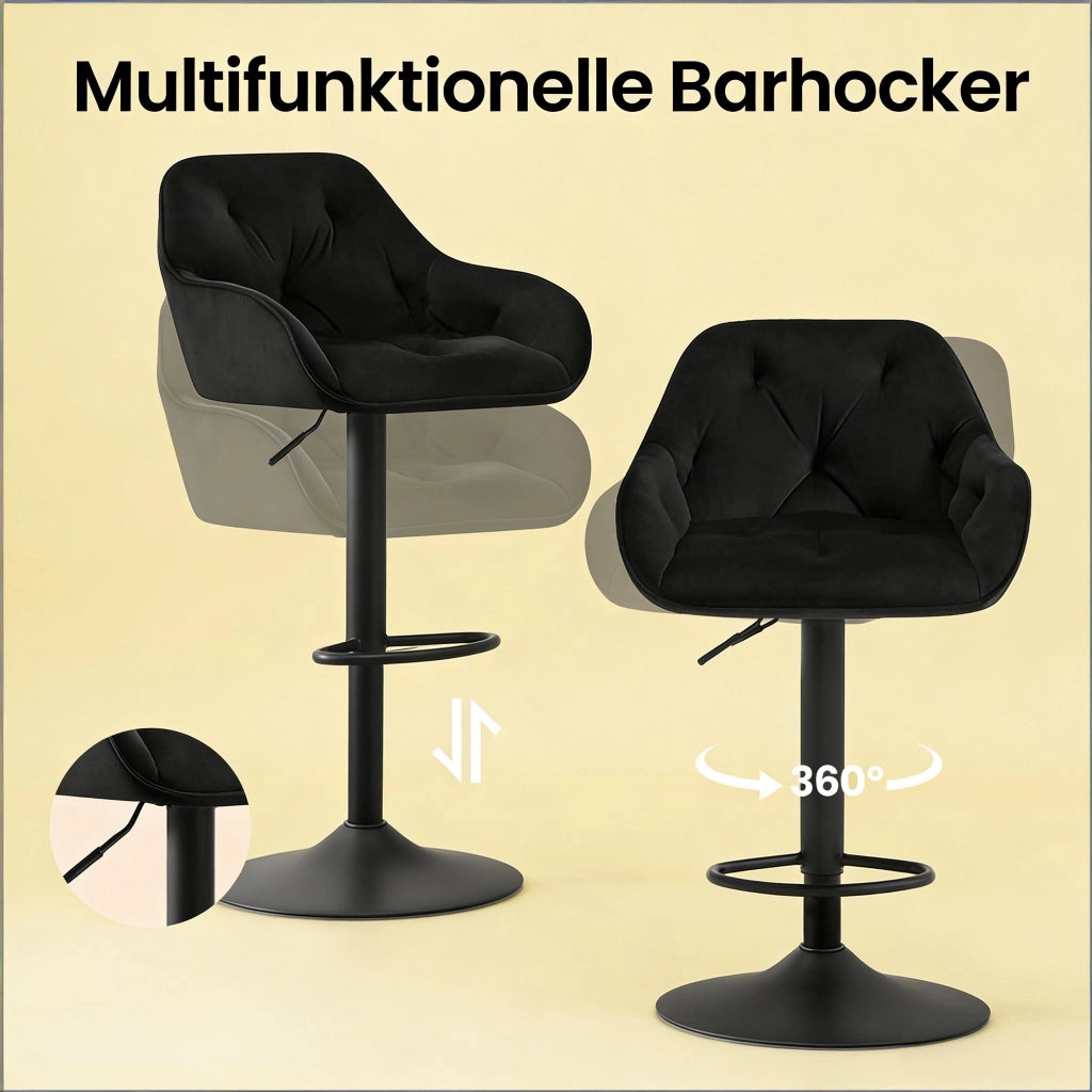 SGABELLO BAR Regolabile 62,5-84 cm in Velluto Nero Set da 2 pezzi