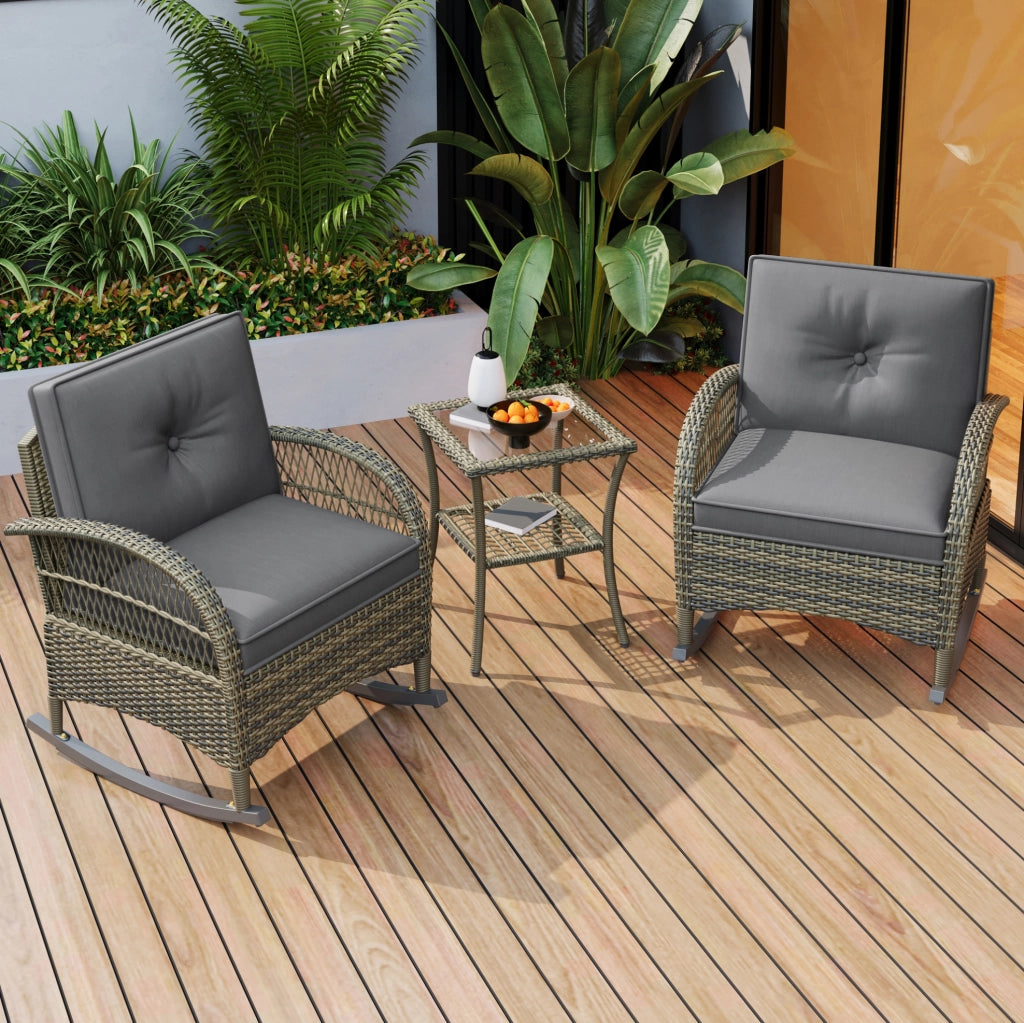 Set da giardino 3 pezzi con 2 sedie a dondolo e tavolino in vetro temperato; grigio