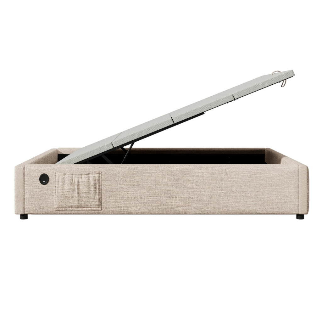 Letto contenitore 90x200 cm con USB C; lino e legno massello
