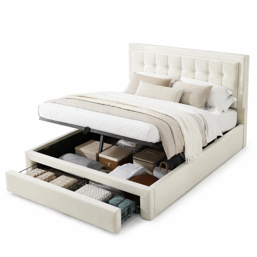 Letto imbottito beige in velluto con testiera regolabile, contenitore con sollevamento idraulico e 2 cassetti, struttura per 140x200 cm