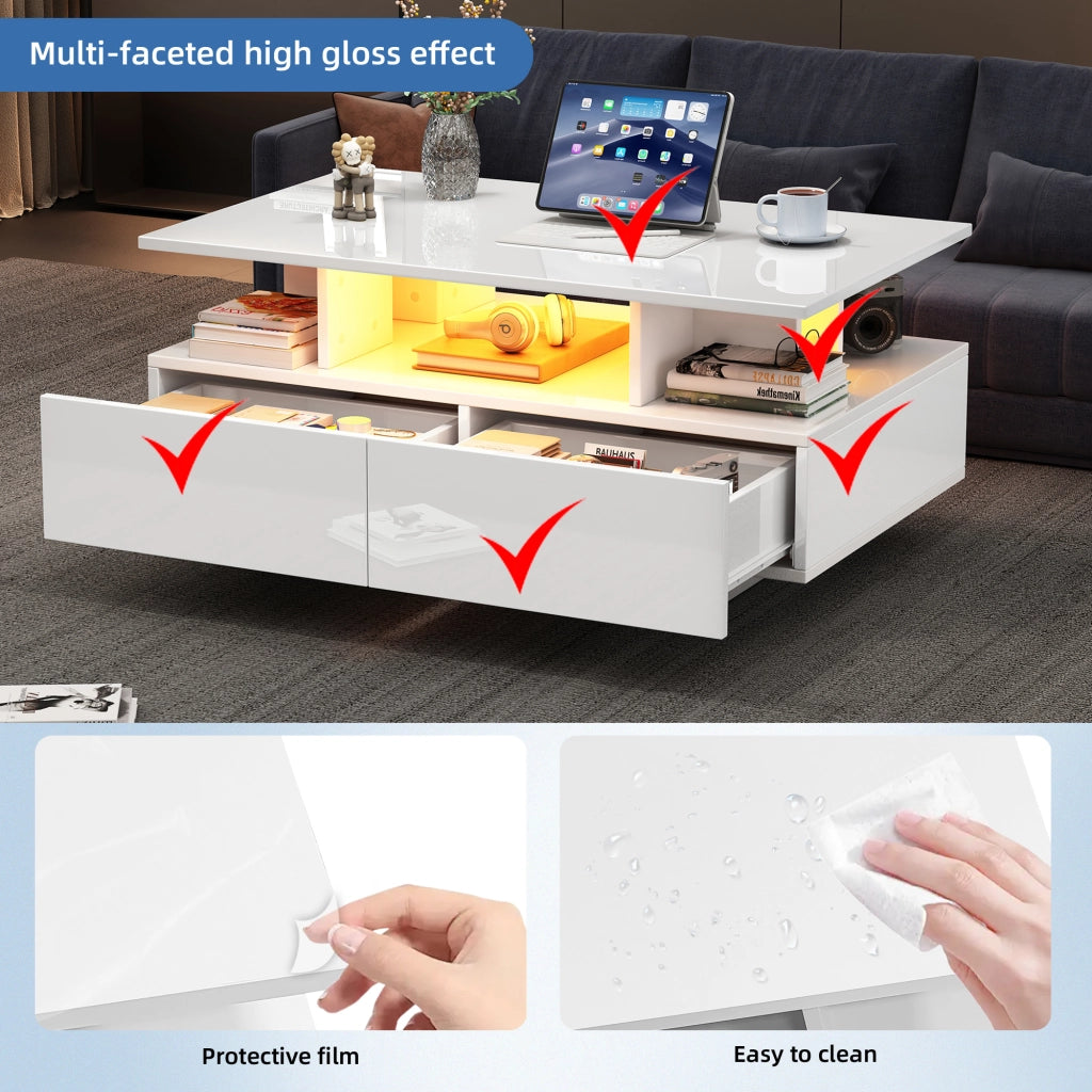 Tavolino basso con 2 cassetti e LED; finitura lucida; per soggiorno; 90 × 55 × 41 cm; bianco