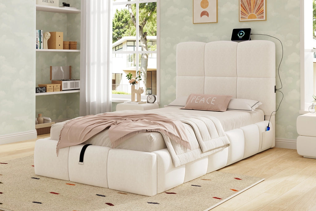 DESMIU Letto bambino 90 × 200 cm con contenitore idraulico, USB-C e velluto, senza materasso, beige