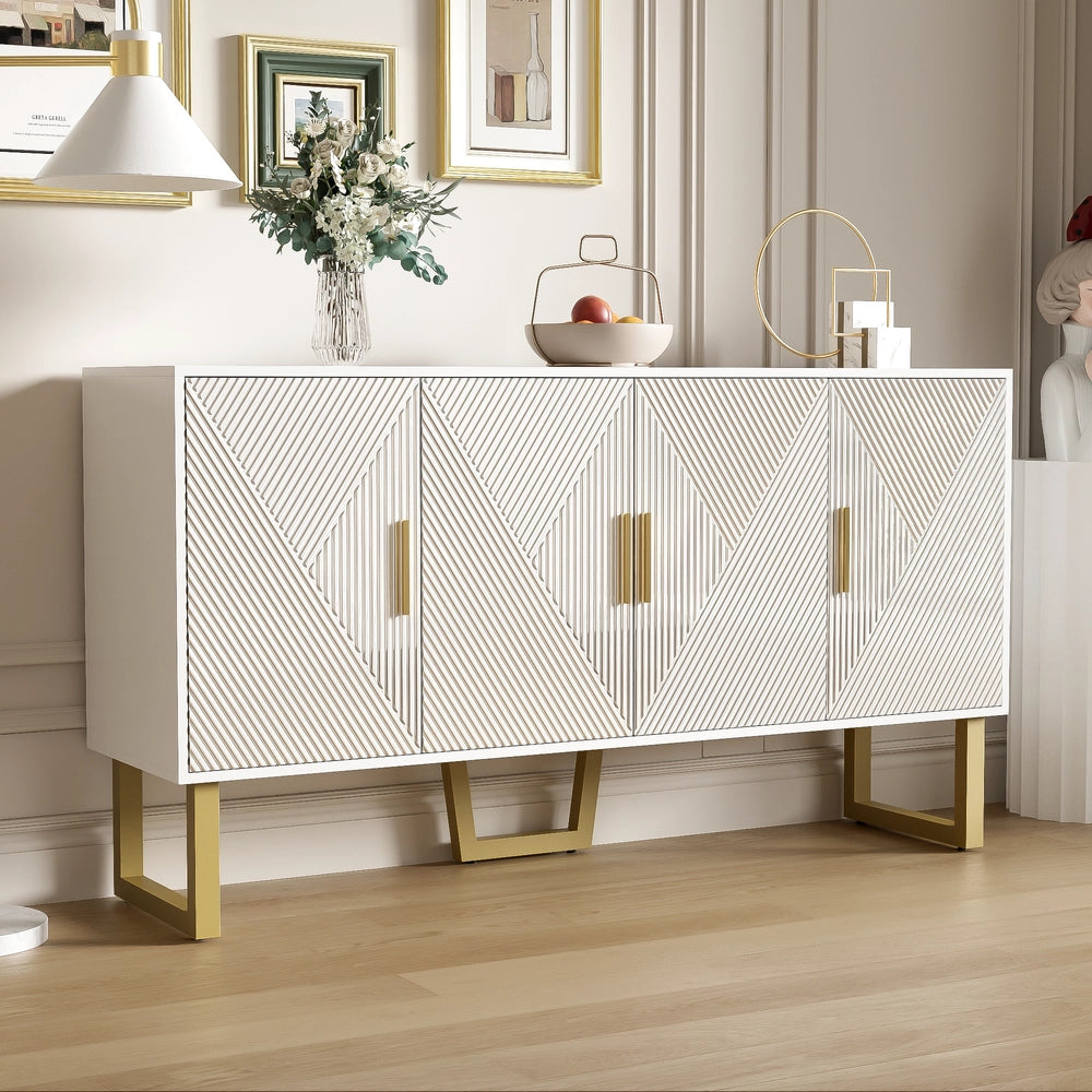 Buffet lussuoso a 4 ante - Xylo - Porte texture lucide maniglie dorate scaffali regolabili in altezza Bianco