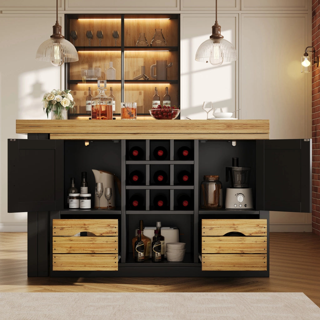 Tavolo allungabile con credenza, piano girevole 360°, 1 cassetto, per cucina e soggiorno, nero, 120 × 40 × 72 cm