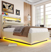 Letto imbottito 90x200 cm con LED; contenitore idraulico e porte USB in lino beige