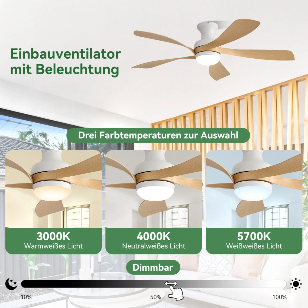 Ventilatore da soffitto con LED dimmerabile; motore DC reversibile e telecomando; bianco