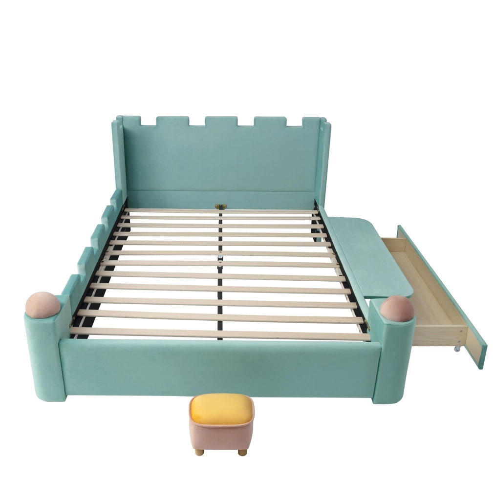 Letto imbottito 140x200 cm con sponda pieghevole e cassetto contenitore in velluto blu-verde