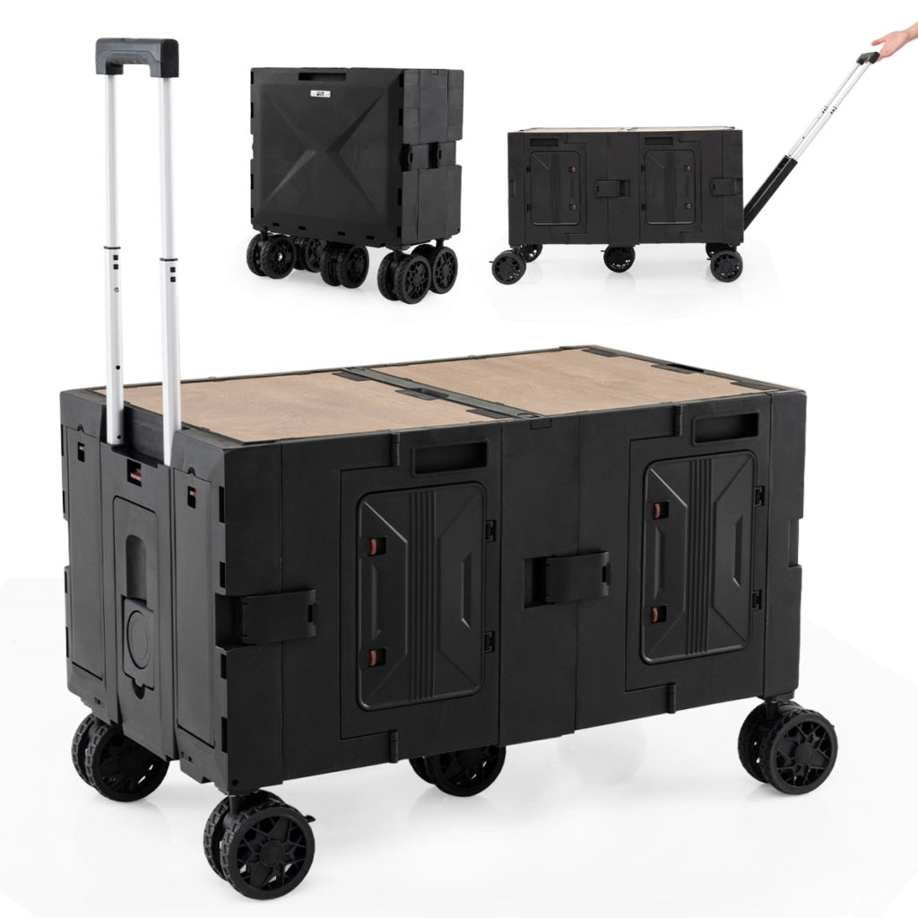 Carrello utilitario pieghevole grande con armadio a 2 livelli 5 ruote rotanti-Carrello a rulli portatile per spesa manico telescopico in metallo Nero