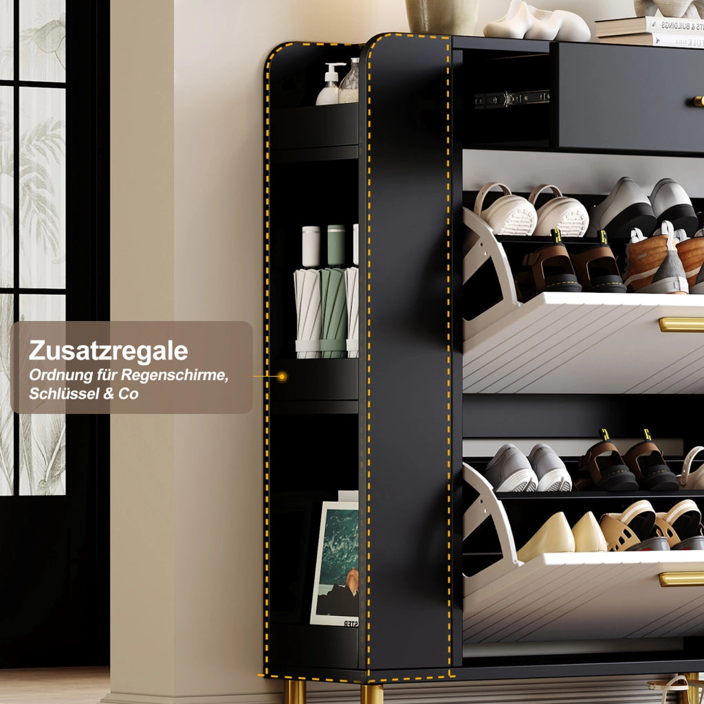 Scarpiera stretta con 2 ante ribaltabili 1 cassetto e 3 vani aperti in MDF e truciolare bianco nero 80 × 24 × 105 cm