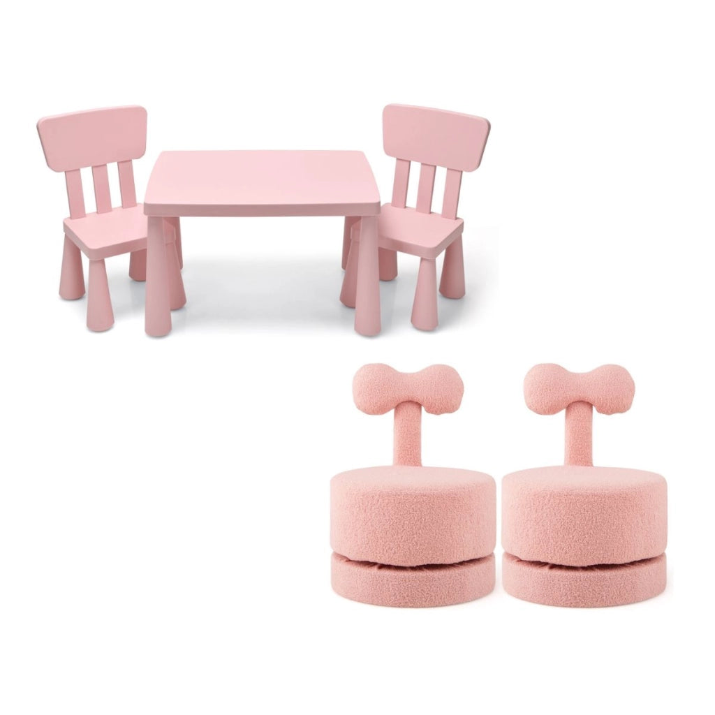 Set con tavolo e 2 sedie per bambini e sgabelli in velluto, Set tavolo e sedie per bambini e sgabelli poggiapiedi-Per i bambini