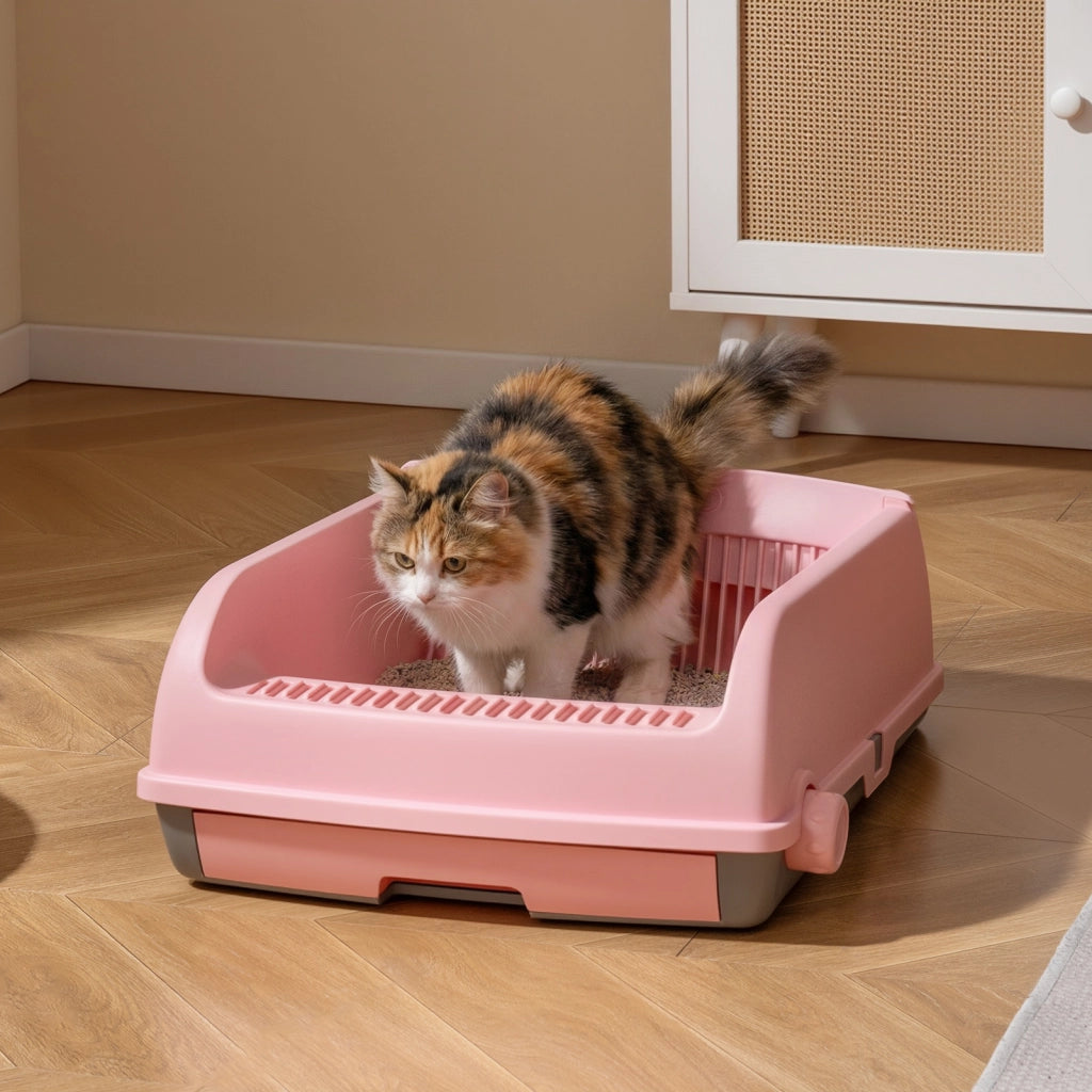 Lettiera per gatti semi-automatica a tetto aperto antischizzo-Toilette con vassoio estraibile paletta pedale filtra sabbia Rosa