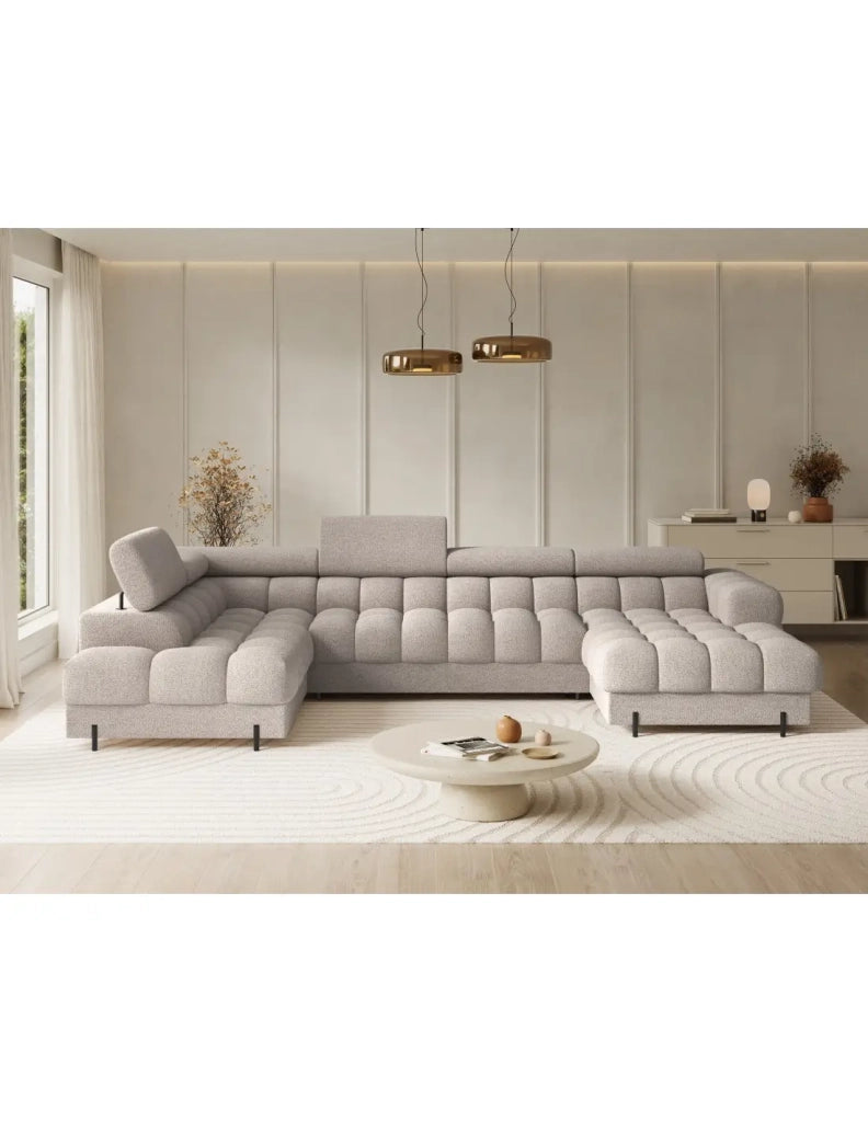 Divano panoramico convertibile Beige chiaro angolo sinistro FERARIA 358x93x202cm