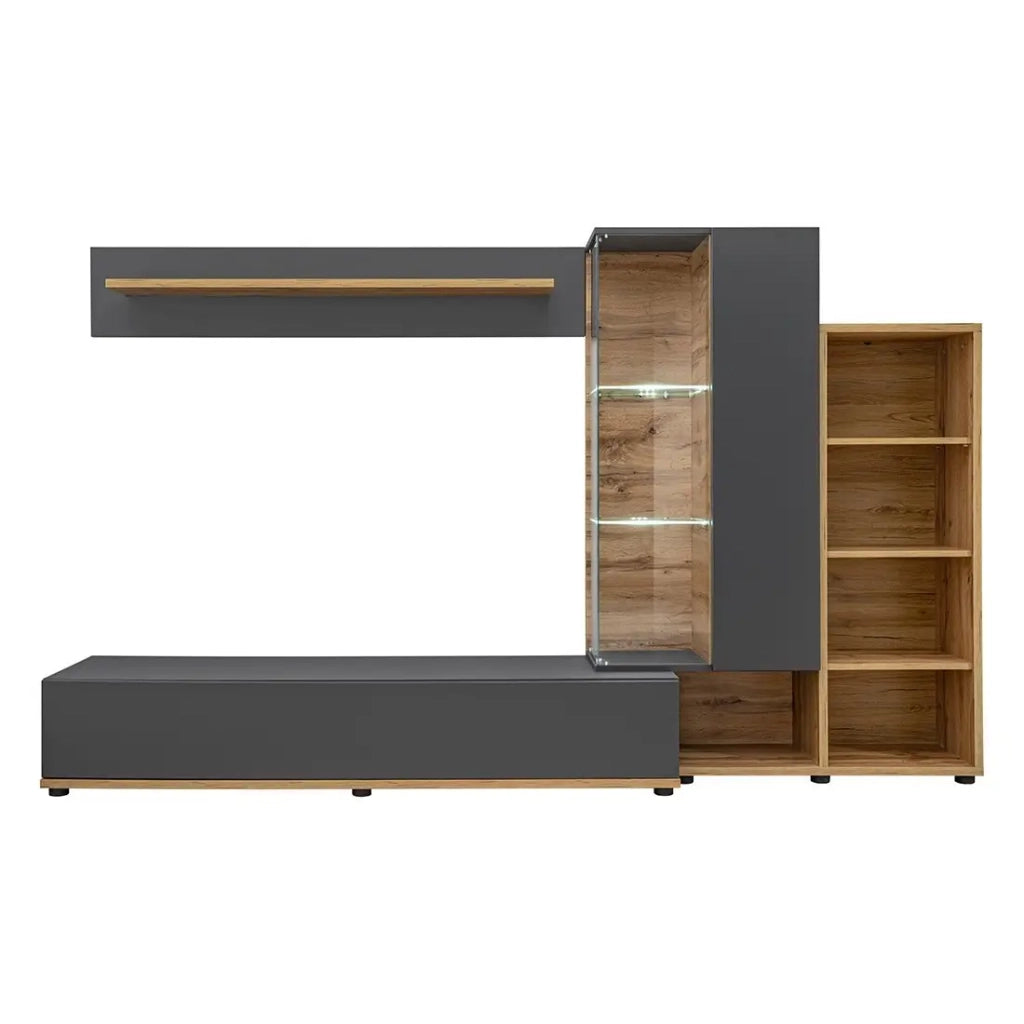 Composizione murale collezione KLIS 2 colori grigio antracite e quercia. LED inclusi. Mobile TV di design.