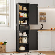 Armadio dispensa alto 170x40x30 cm in MDF nero; con ripiani regolabili e dettagli a griglia