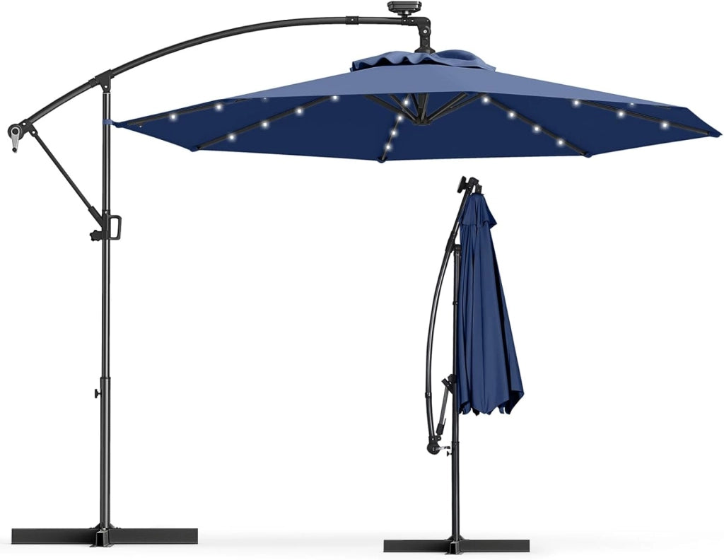 Ombrellone LED da giardino con manovella, ombrellone da terrazza con supporto, rotazione a 360°, pieghevole, inclinabile, ombrellone da 300 cm x 230 cm, per giardino, terrazza, piscina