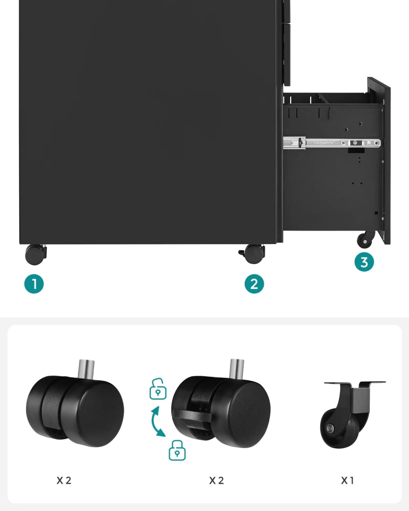 Cassettiera per ufficio su ruote con 3 cassetti e schedario sospeso mobiletto per ufficio con serratura per archivi e documenti corpo del mobile preassemblato nero 12_0004806