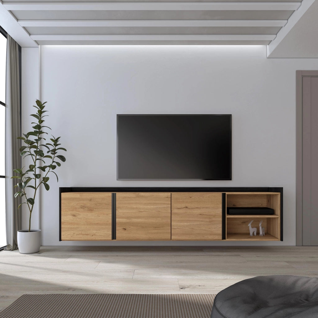 Mobile TV Soggiorno, 207x50x35 cm, Per TV fino a 80", Sospeso, da appendere, Rovere e nero