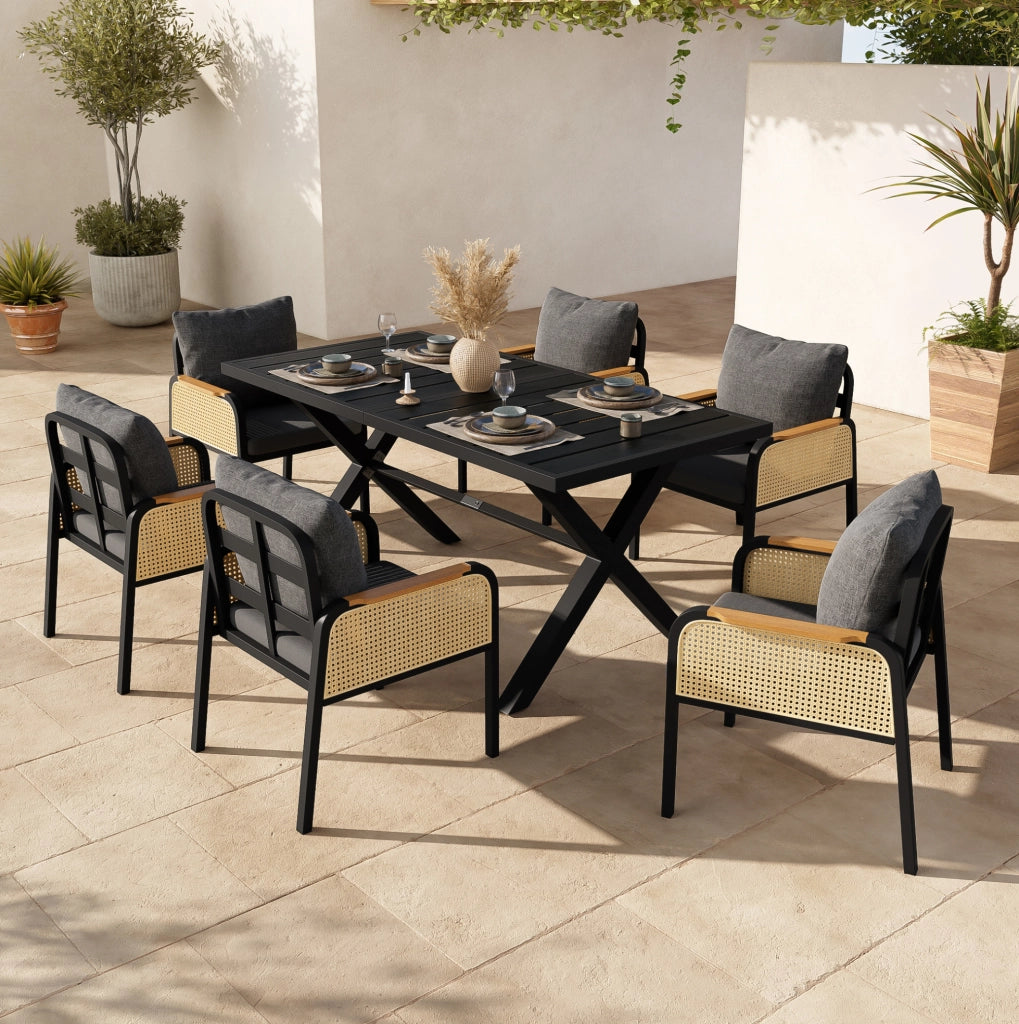 Set da pranzo da giardino 1 tavolo e 6 sedie; 148x80x75 cm; nero e naturale