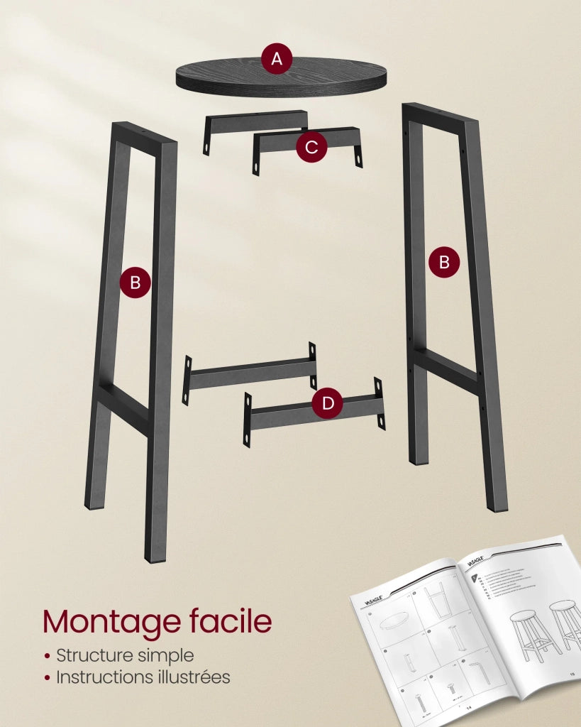 Set di 2 sgabelli alti da bar sedie da cucina struttura in acciaio altezza 65 cm montaggio facile stile industriale nero 12_0007762