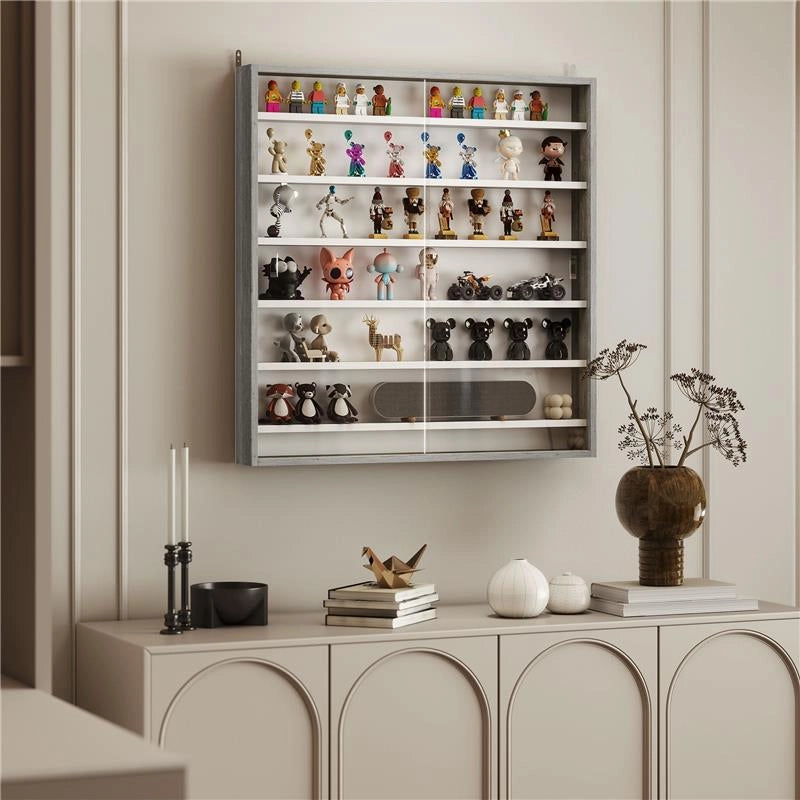BACHECA PORTAOGGETTI A 5 RIPIANI REGOLABILI IN LEGNO CON ANTE IN VETRO, 80X9.5X83 CM, BIANCO E GRIGIO