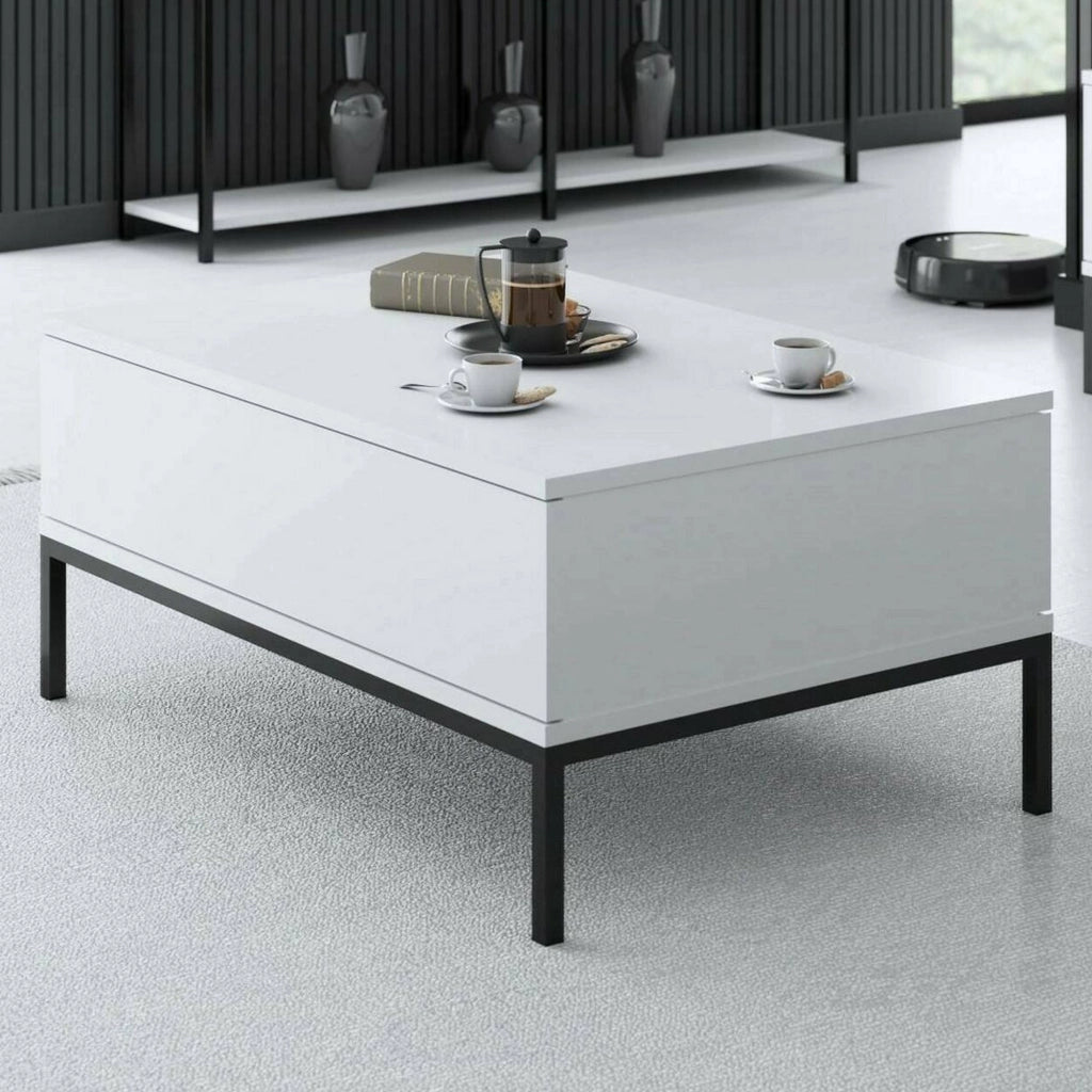 Tavolino da salotto Vespero, Tavolo basso da caffè, Portariviste per divano, Ripiano da soggiorno, 90x60h40 cm, Bianco e Nero
