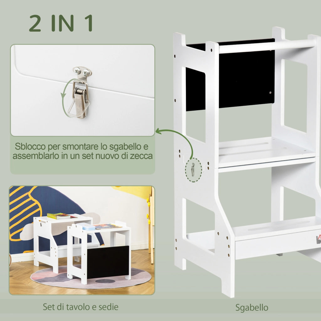 Scala Montessori 2 in 1 con Sgabello e Lavagna ¨C Xylo ¨C MDF Bianco per Bambini 3-6 Anni