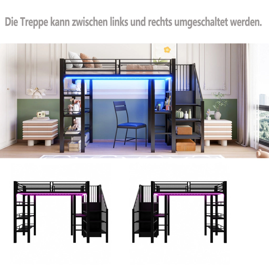 Letto a soppalco 90x200 cm con scrivania; scaffale; armadio; LED e presa; nero
