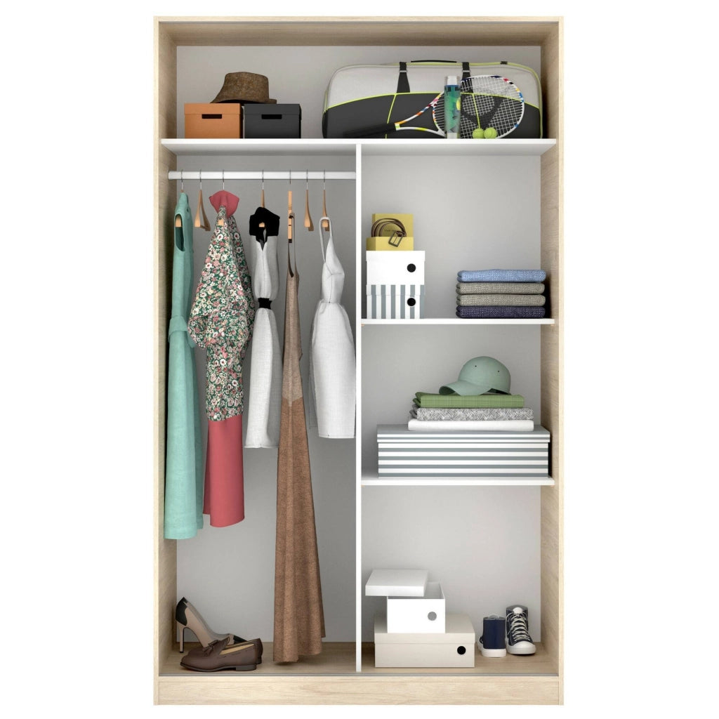 Guardaroba Alyson, Mobile appendiabiti per camera da letto, Armadio a 2 ante scorrevoli, 120x50h204 cm, Bianco e Rovere