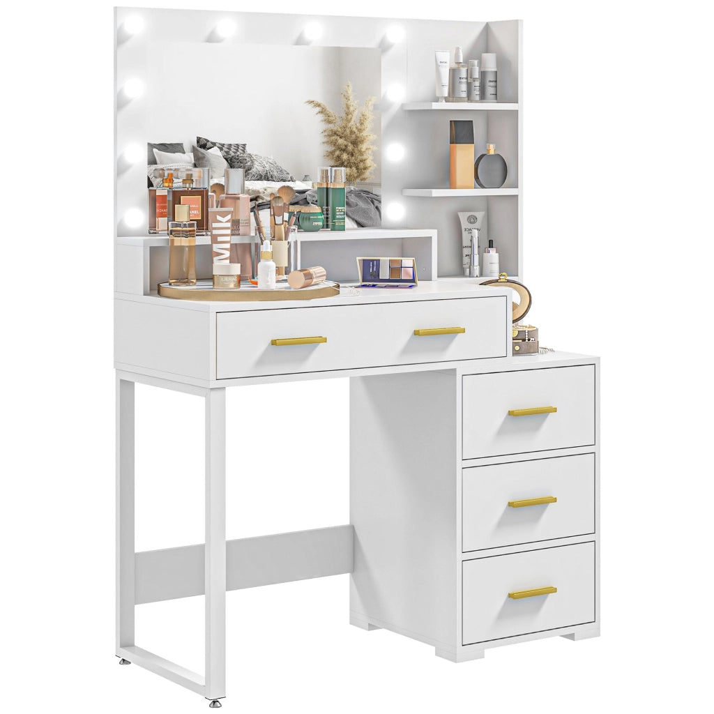 Tavolo da Trucco in Legno 100x40x138 cm con 4 Cassetti 6 Ripiani Aperti e Specchio Bianco